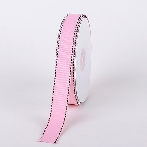 Grosgrain Ribbon Stitch Design Pink with Brown Stitch ( W: 3/8 Inch | L: 25 Yards ) BBCrafts.com