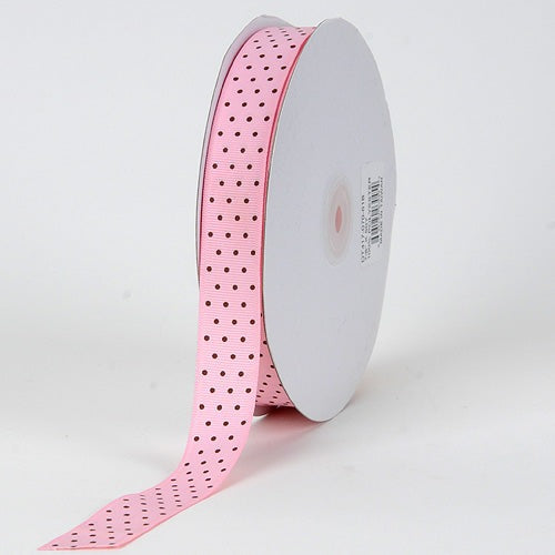 Grosgrain Ribbon Swiss Dot Light Pink with Chocolate Dots ( W: 3/8 Inch | L: 50 Yards ) BBCrafts.com