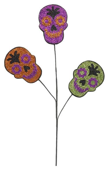 25 Inch L Purple/Copper/Lime/Black Glitter Halloween Skull Pick X3