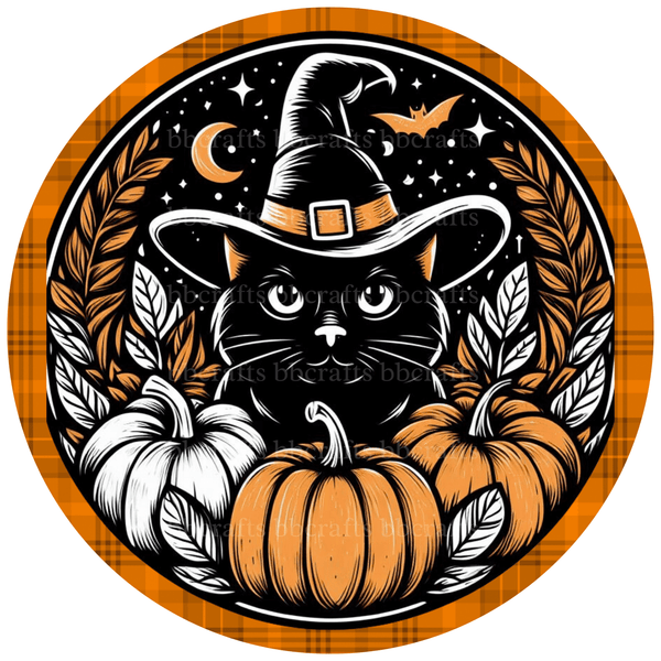 Halloween Metal Sign: CAT WITH WITCH HAT - Wreath Accent - Made In USA BBCrafts.com