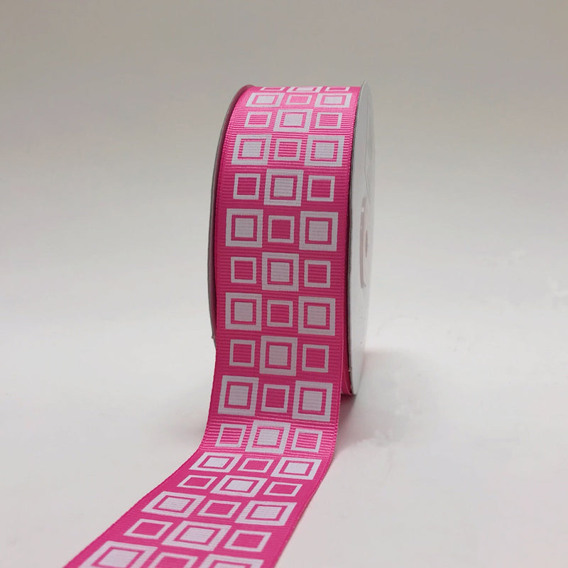 Hot Pink - Square Design Grosgrain Ribbon ( 1 - 1/2 Inch | 25 Yards ) BBCrafts.com