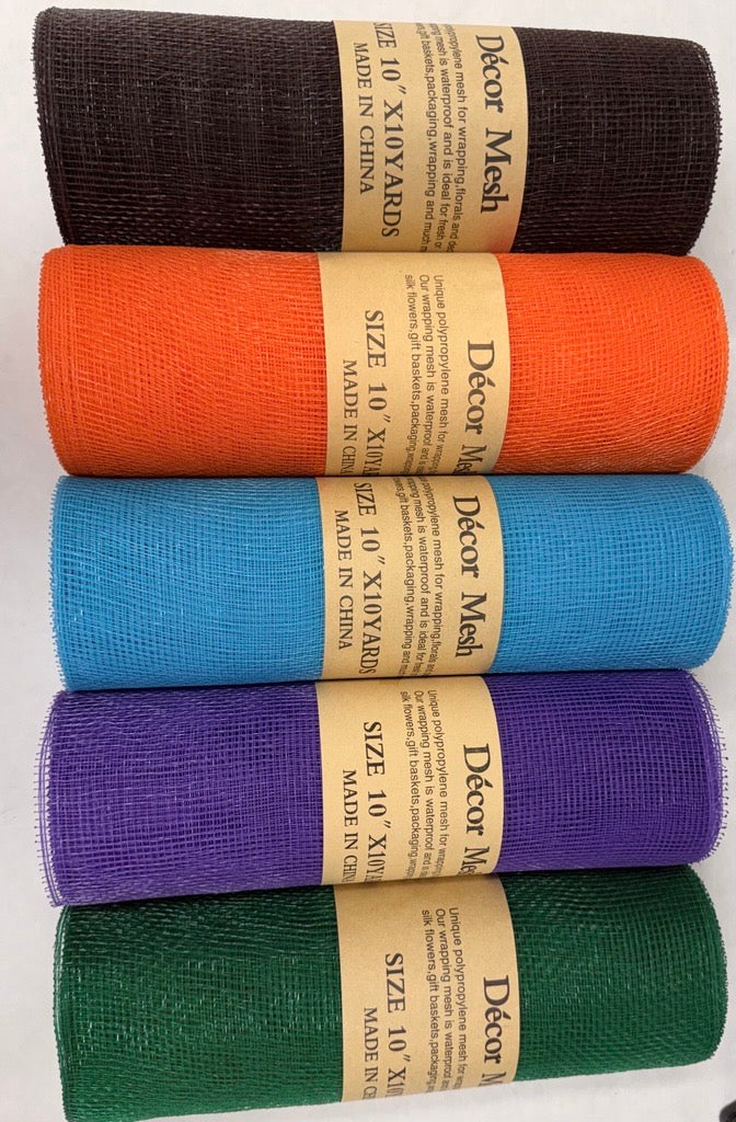 10 Inch x 10 Yards Deco Mesh Solid Color Brown, Orange, Turquoise, Purple & Hunter Green - Pack of 5