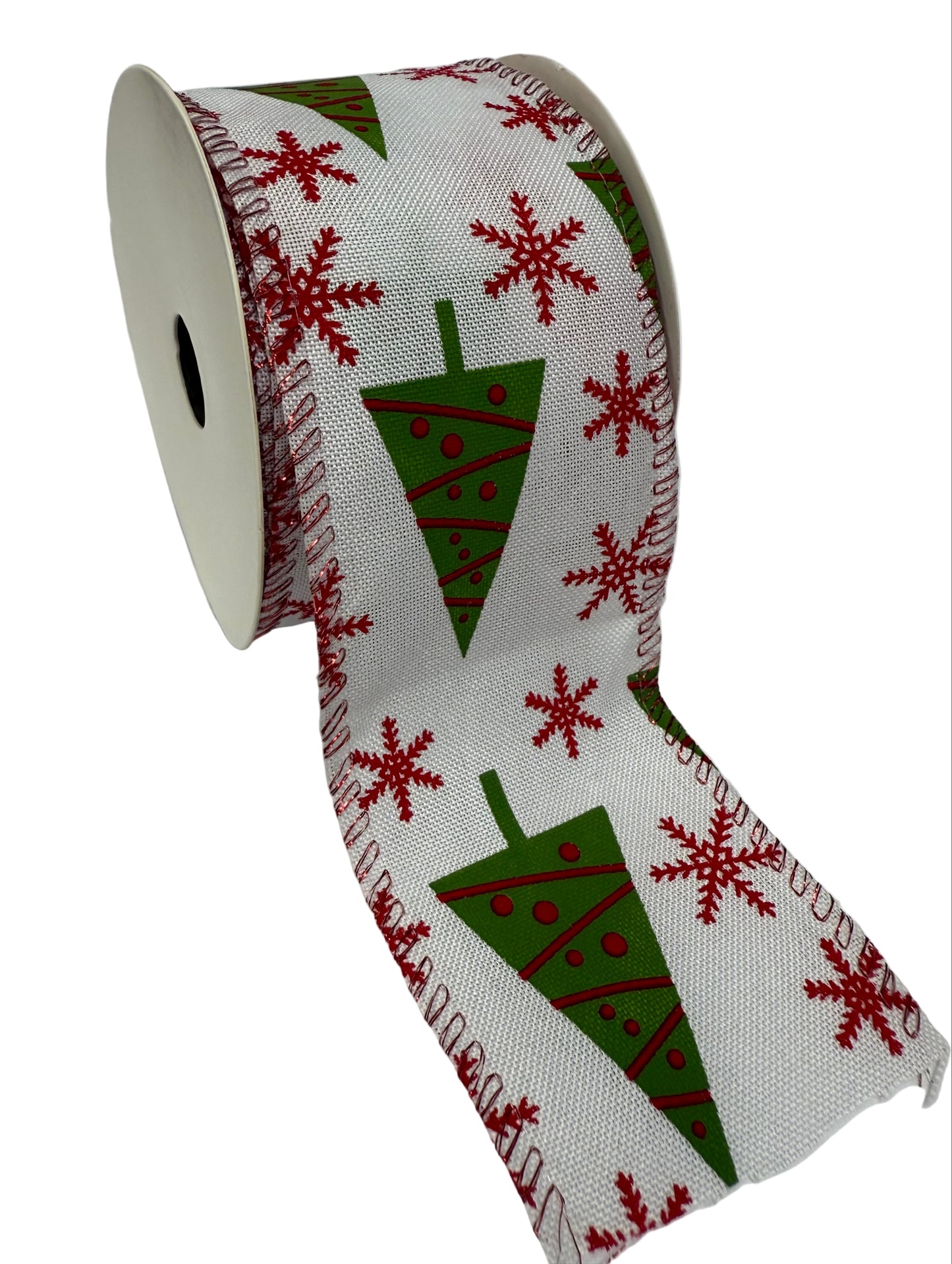 Christmas Trees with Red Ornaments and Diagonal Stripes Burlap Ribbon - (2.5 Inch x 10 Yards)