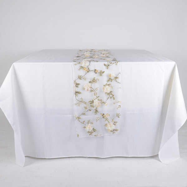 Ivory Organza with 3D Roses Table Runner BBCrafts.com