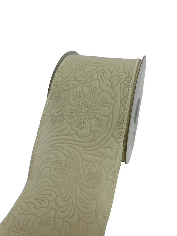 Ivory Flower Embossed Wired Ribbon - 2-1/2 Inch x 10 Yards