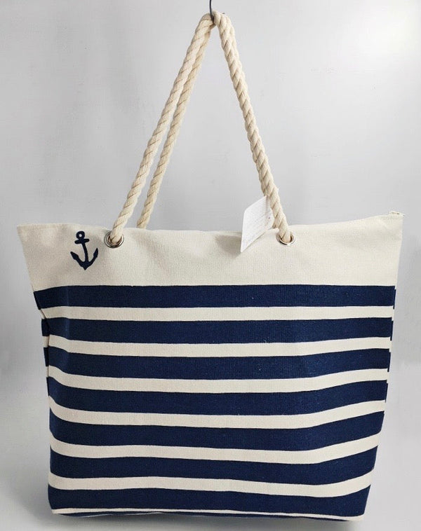 Large Tote Bag with Rope Handles - Navy Striped - 19 Inch x 15 Inch - Women Swim Pool Bag Large Tote BBCrafts.com
