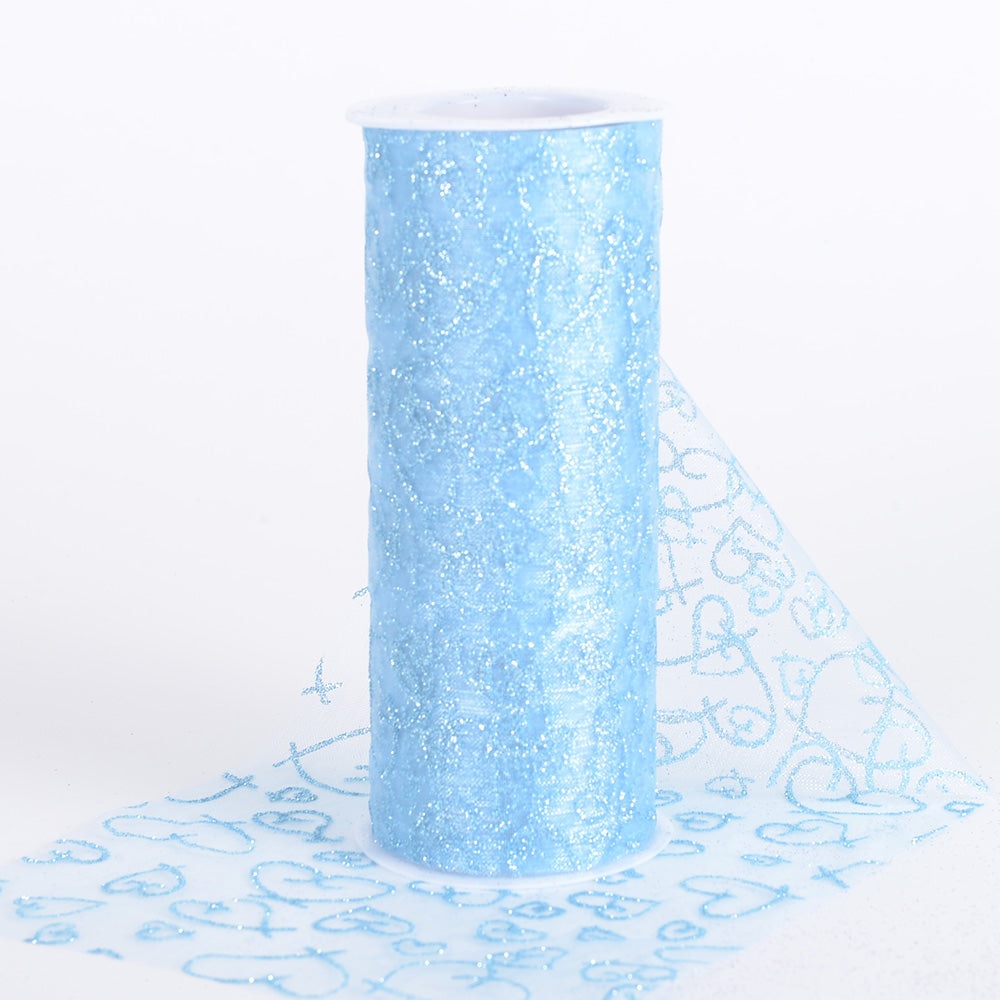 Light Blue - 6 Inch Glitter Hearts Organza Roll - ( W: 6 Inch | L: 10 Yards ) BBCrafts.com