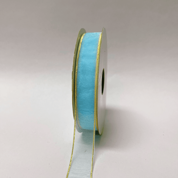 Light Blue With Gold - Sheer Organza Ribbon - ( 5/8 Inch | 25 Yards ) BBCrafts.com