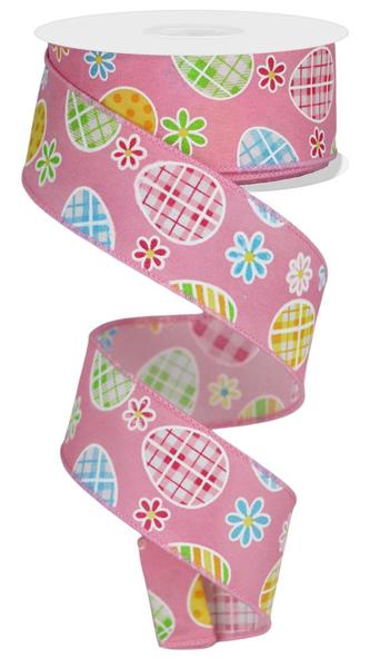 Light Pink Blue Lime Gold - Check Plaid Egg Daisy On Pg Ribbon - ( 1-1/2 Inch | 10 Yards ) BBCrafts.com