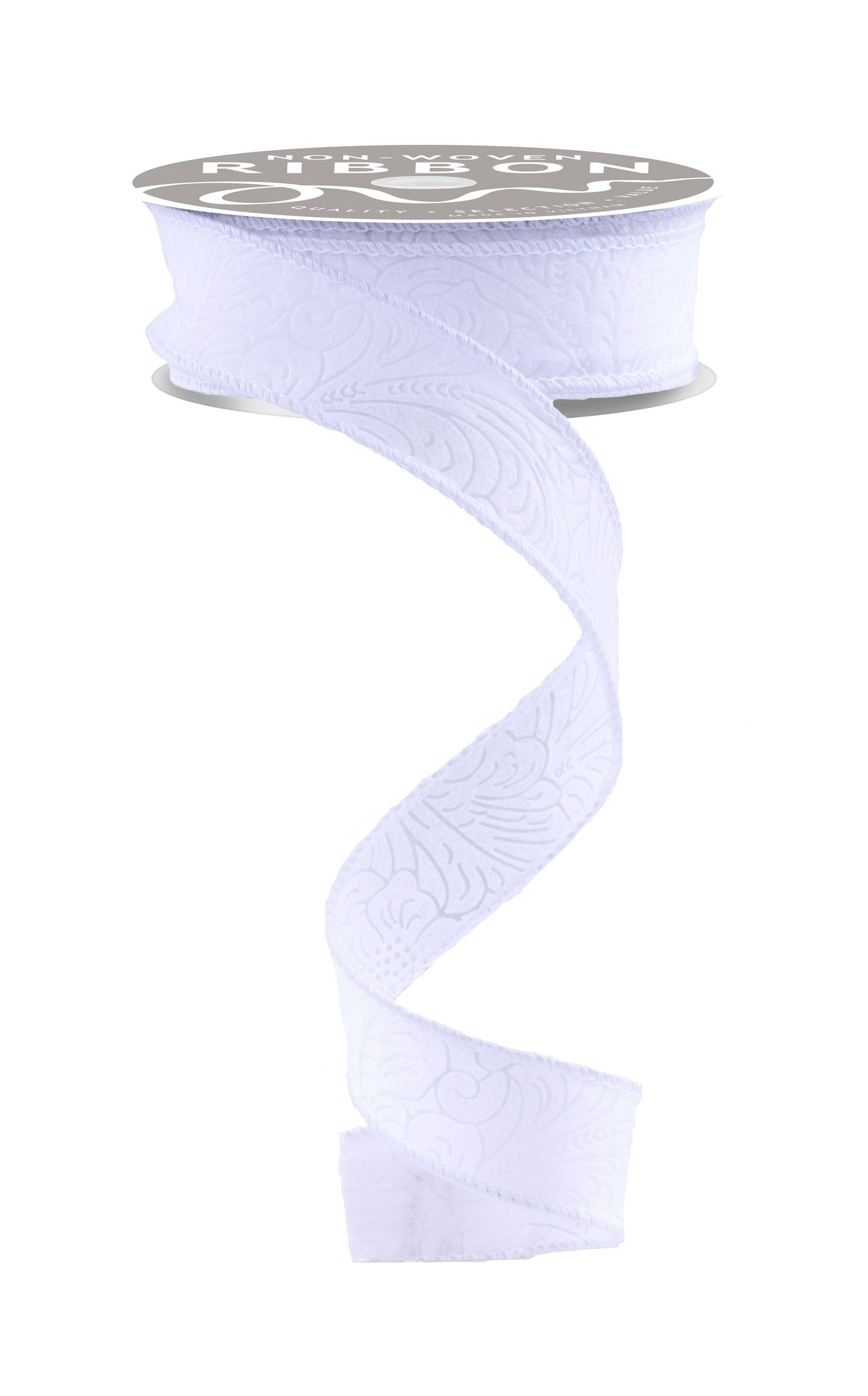 1 Inch x 10 Yards Floral/Leaves Ribbon - White