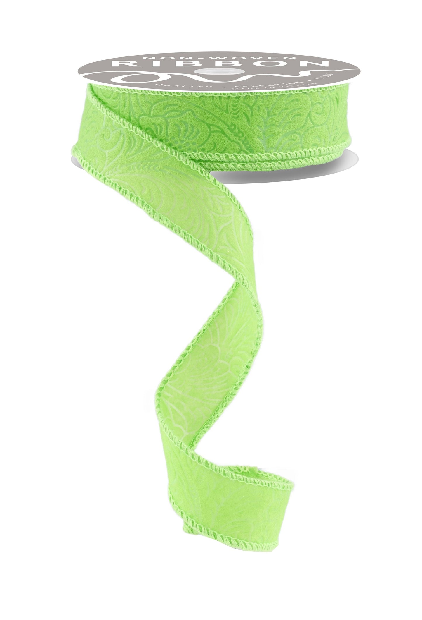 1 Inch x 10 Yards Floral/Leaves Ribbon - Lime Green