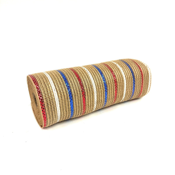 Natural Burlap Red White and Blue Metallic Stripe Deco Mesh - Holiday Floral Deco Mesh - ( 10 Inch x 10 Yards ) BBCrafts.com