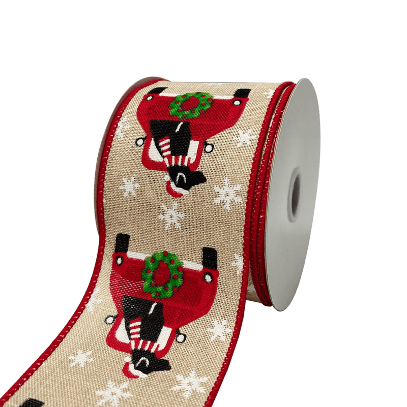 Natural Linen Dog Christmas Truck Wired Ribbon - 2 - 1/2 Inch x 10 Yards BBCrafts.com