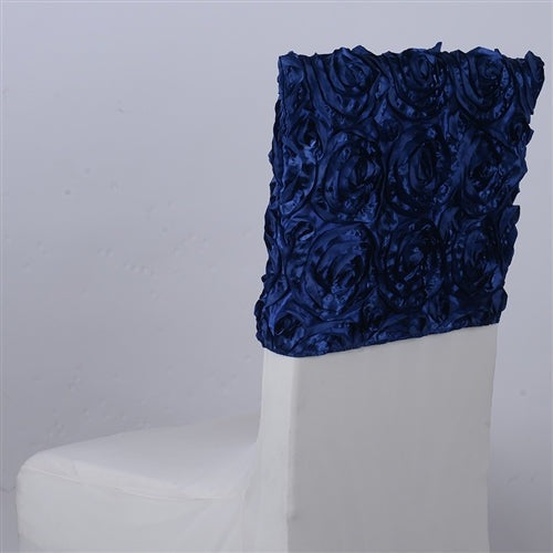 Navy Blue 16 Inch x 14 Inch Rosette Satin Chair Top Covers BBCrafts.com