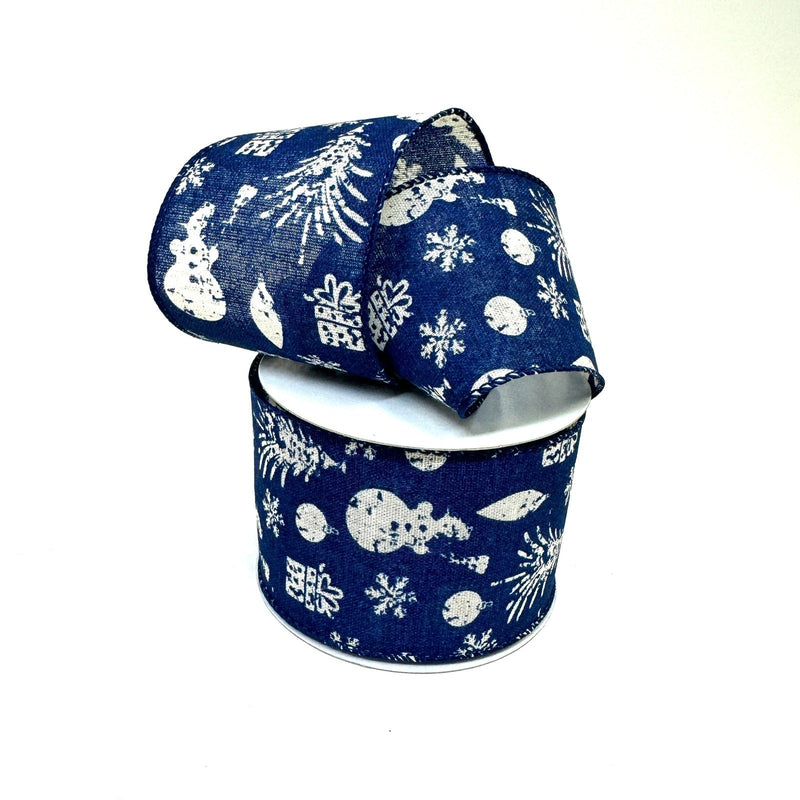 Navy Canvas Ivory Stamped Christmas Icons Ribbon - 2.5 Inch x 10 Yards BBCrafts.com