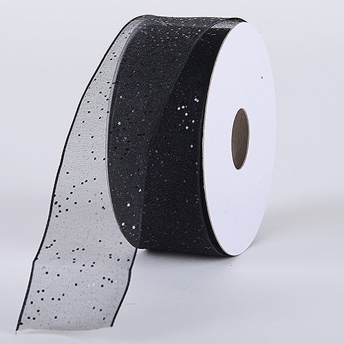Organza Ribbon with Glitters Wired Edge Black with Black Glitters ( W: 5/8 Inch | L: 25 Yards ) BBCrafts.com