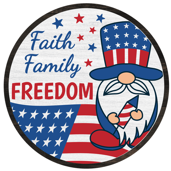 Patriotic Metal Sign: GNOME FAITH FAMILY FREEDOM- Wreath Accent - Made In USA BBCrafts.com