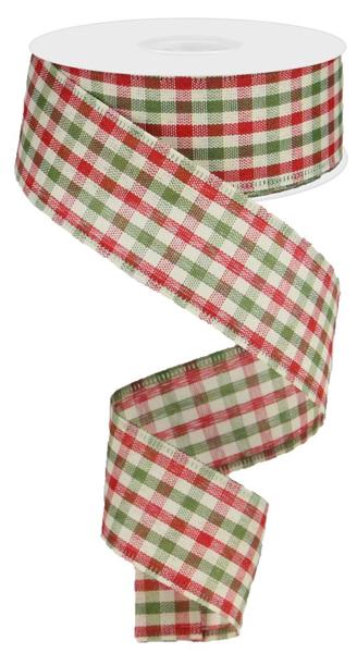 Pre-Order Now Ship On May 30th 2024 - Red/Moss/Ivory - Primitive Gingham Check Ribbon - 1-1/2 Inch x 10 Yards