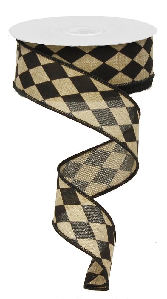 1.5 Inch x 10 Yards Harlequin On Royal Burlap Ribbon - Light Beige/Black