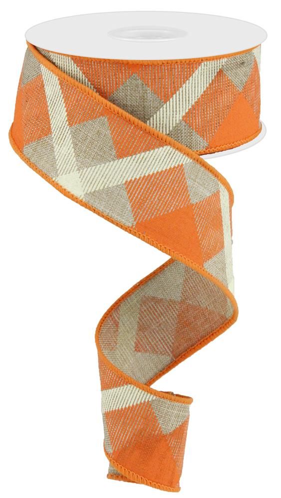 1.5 Inch x 10 Yards Printed Plaid On Royal Ribbon - Beige/Orange/Cream