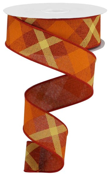 Rust/Orange/Mustard - Printed Plaid On Royal Wired Ribbon - 1-1/2 Inch x 10 Yards