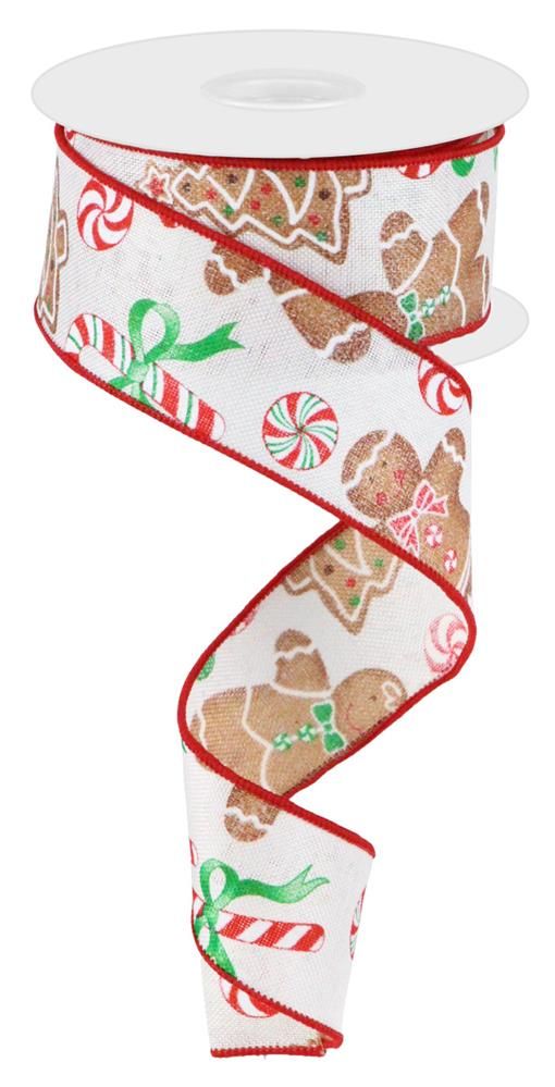 1.5 Inch x 10 Yards Gingerbread with Candy On Royal Ribbon - Ivory/Red/Emerald/Brown