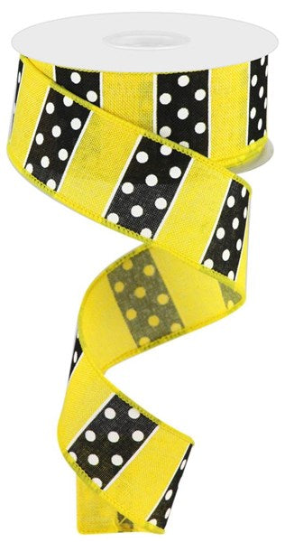 Sun Yellow Black White Ribbon - Polka Dot/Stripes - 1-1/2 Inch x 10 Yards