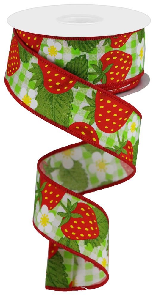 1.5 Inch x 10 Yards Strawberries On Woven Check Ribbon - Green/Multi/White