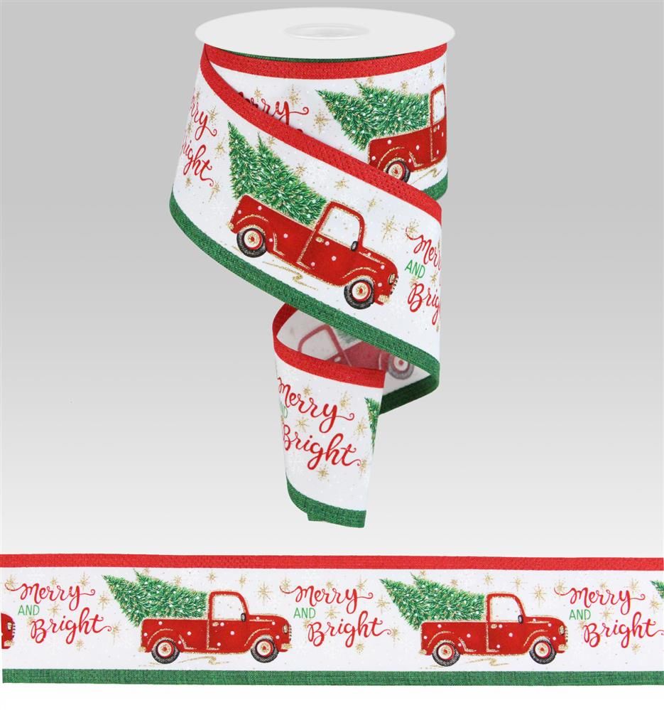 2.5 Inch x 10 Yards Truck with Trees/Folded Edge Ribbon - White/Red/Green/Black/Gold