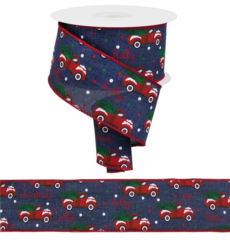 2.5 Inch x 10 Yards Christmas Trucks On Royal Ribbon - Navy/White/Red/Green