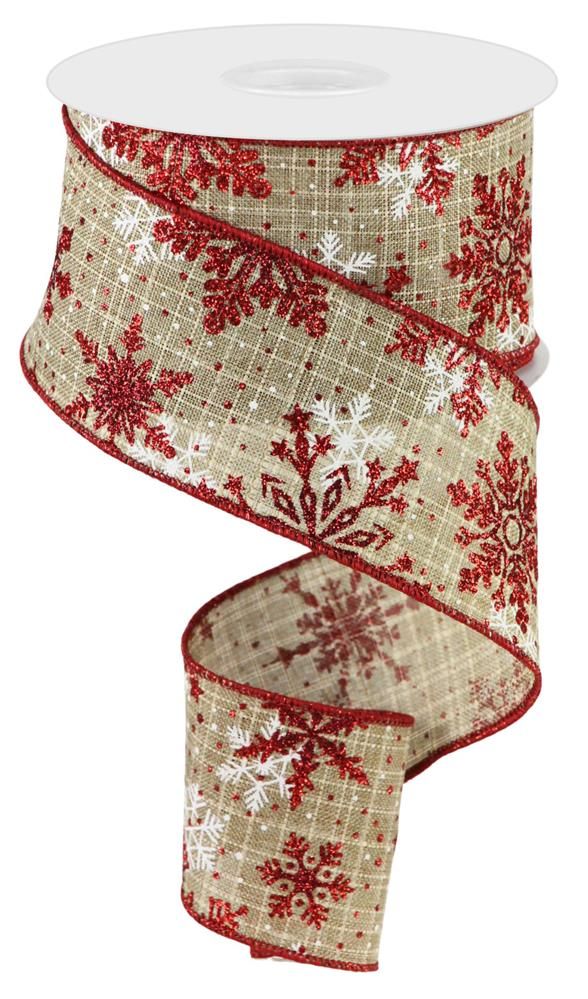2.5 Inch x 10 Yards Multi Snowflakes/Check Royal Ribbon - Beige/White/Red/Burgundy