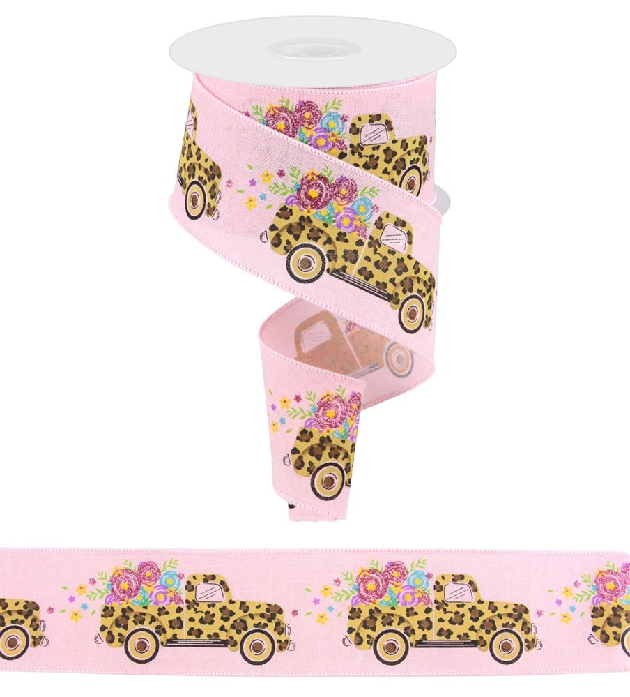 2.5 Inch x 10 Yards Leopard Truck/Flowers/Royal Ribbon - Pale Pink/Multi