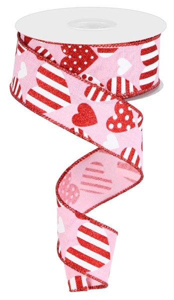 Pre-Order Now & Ship On December 24th 2025 - White/Red/Light Pink - Valentine Hearts On Royal Wired Edge Ribbon - ( 1-1/2 Inch | 10 Yards )