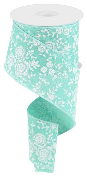 Pre-Order Now Ship On 30th May - Dark Mint/White - Mini Rose On Royal Ribbon - 2-1/2 Inch x 10 Yards