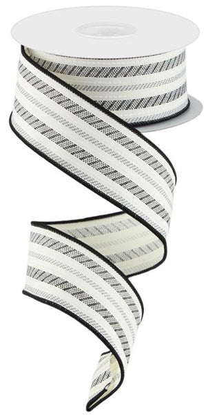 Black Grey White Ivory Slash Stripe/Diagonal Weave Ribbon - 1-1/2 Inch x 10 Yards