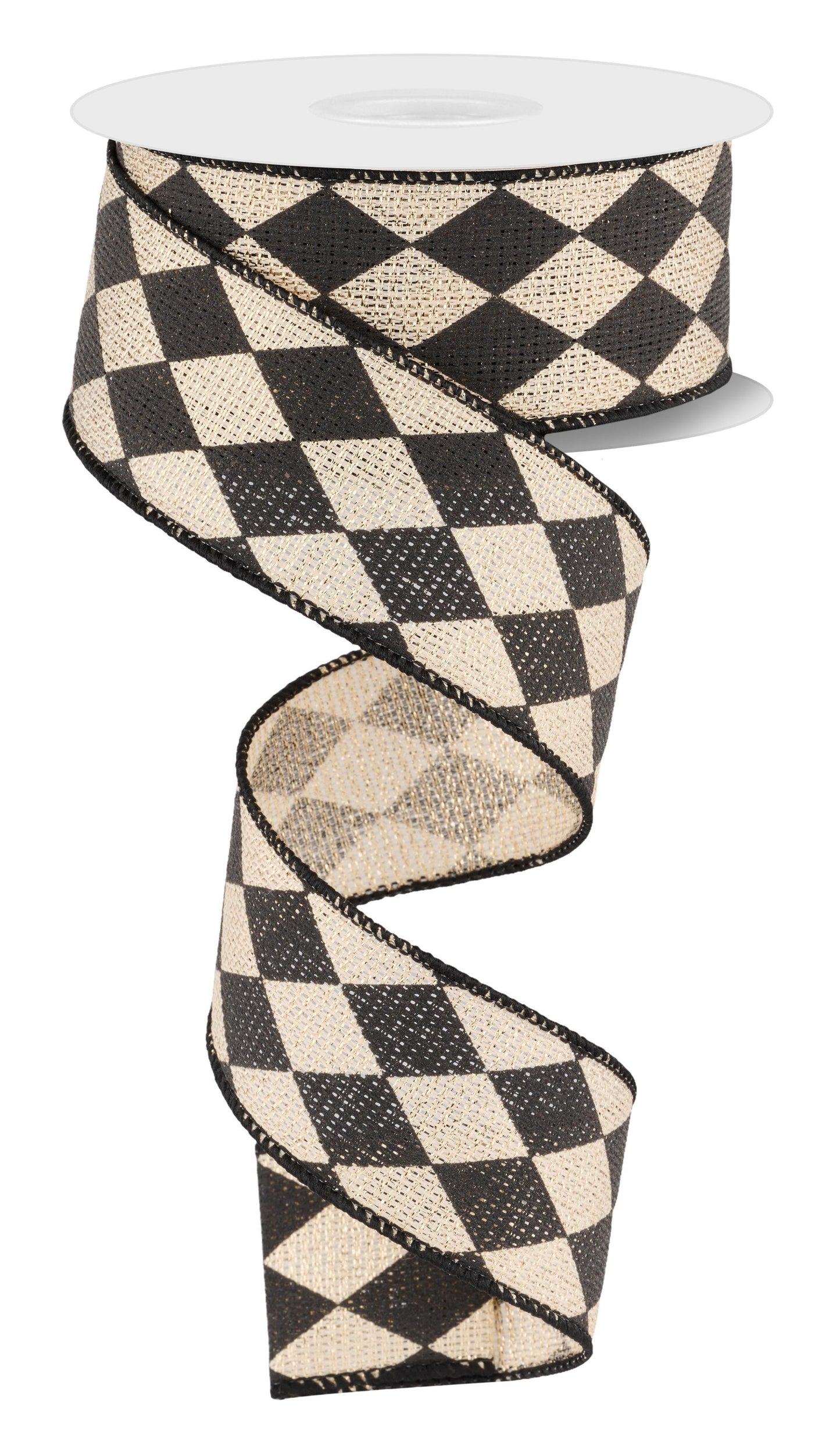1.5 Inch x 10 Yards Harlequin On Metallic Ribbon - Black/Gold