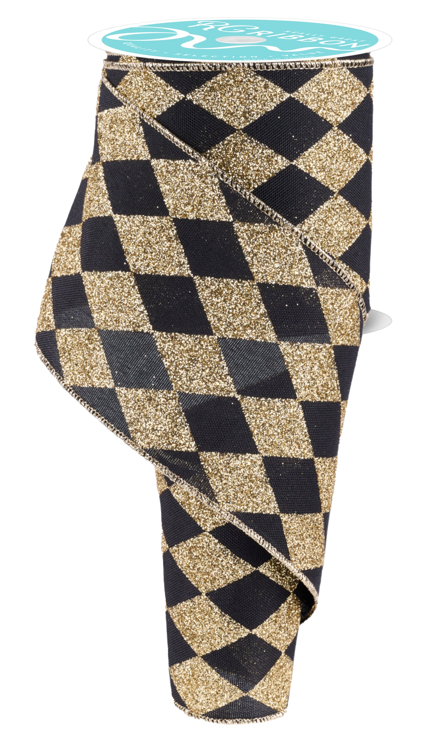 Black/Gold Harlequin Check Wired Edge Ribbon - 4 Inch x 10 Yards