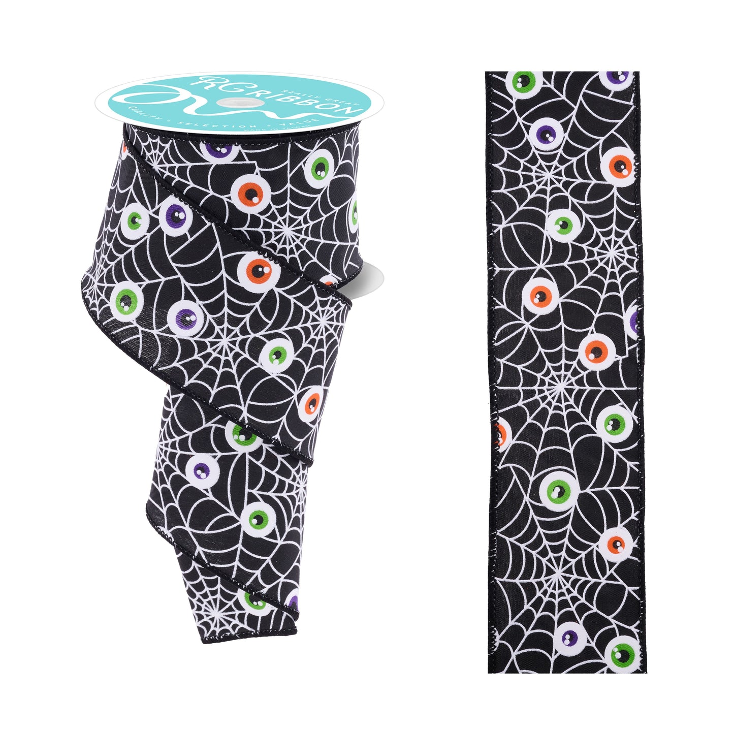 2.5 Inch x 10 Yards Spider Web/Eyeballs Ribbon - Black/White/Orange/Lime/Purple