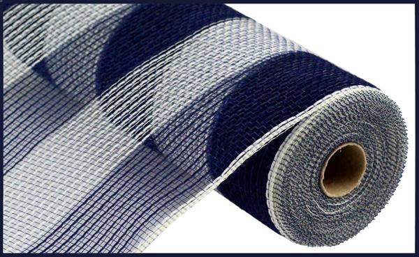 Pre-Order Now Ship On 30th May - Navy Blue/Cream - Faux Jute/Pp Wide Stripe Mesh - 10.25 Inch x 10 Yards