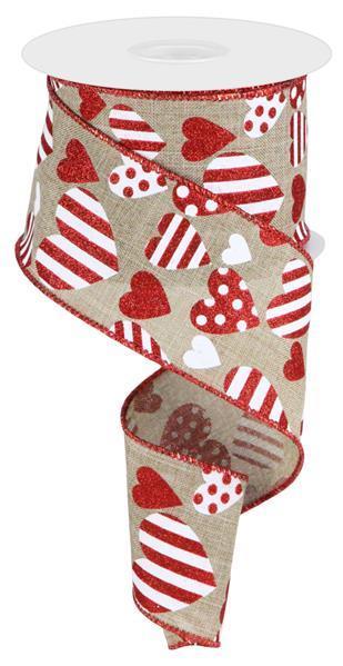 Red - Burlap Hearts Valentine Wired Edge Ribbon - ( 2-1/2 Inch | 10 Yards ) BBCrafts.com