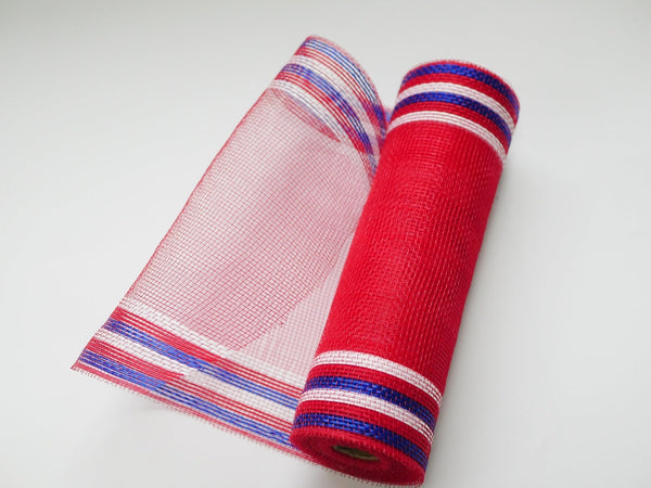Red Deco Mesh with Royal and White Stripes - 10 Inch x 10 Yards BBCrafts.com