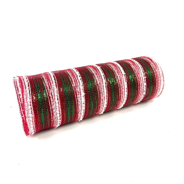 Red Green Snowy Striped Deco Mesh - Holiday Floral Deco Mesh - ( 10 Inch x 10 Yards ) BBCrafts.com