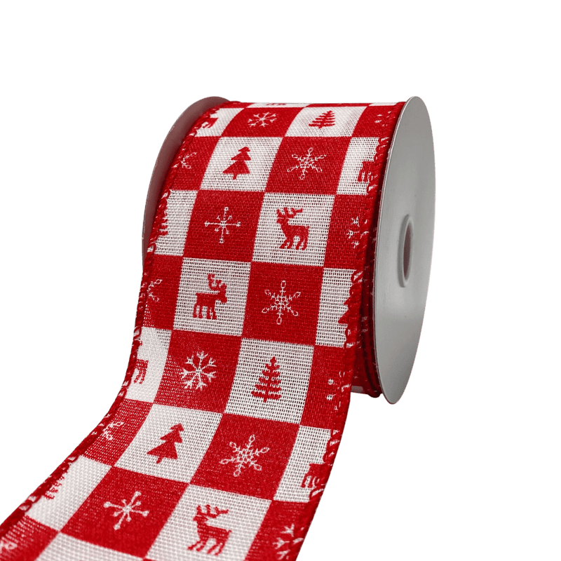 Red White Christmas Icon Buffalo Chex Wired Ribbon - 2.5 Inch x 10 Yards BBCrafts.com