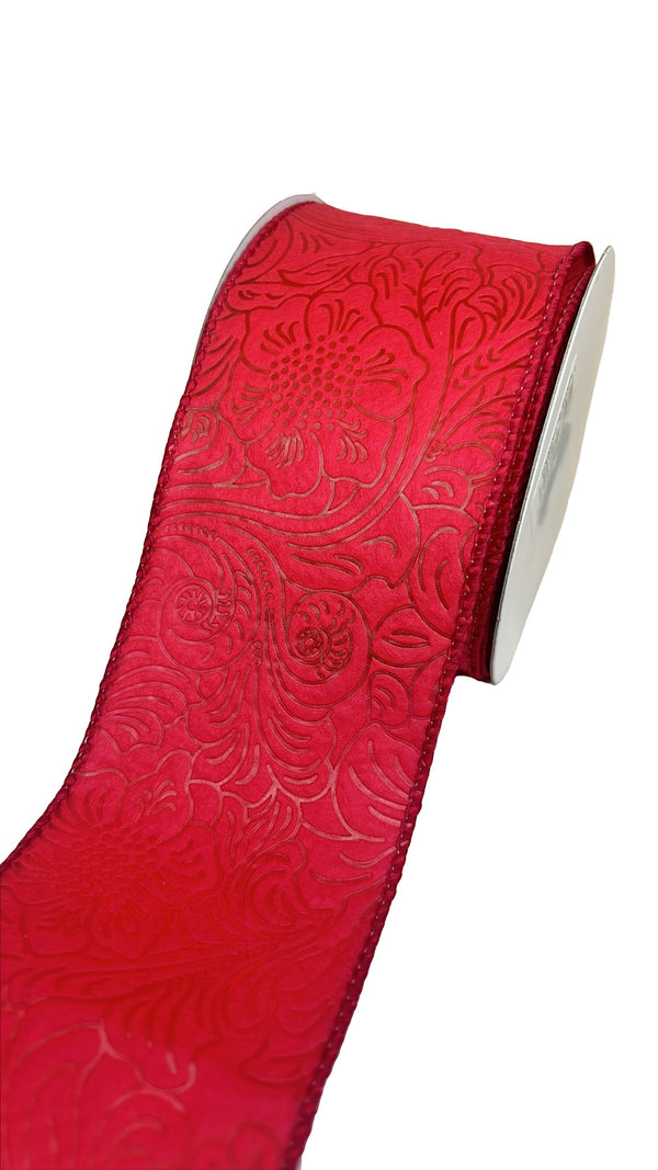 Red Flower Embossed Wired Ribbon - 2-1/2 Inch x 10 Yards