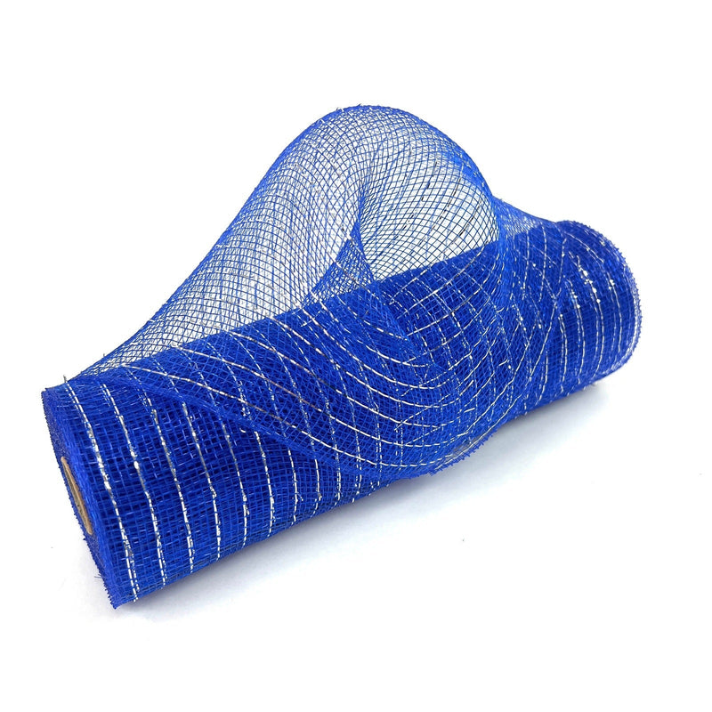 Royal Blue with Silver Lines - Deco Mesh Wrap Metallic Stripes - ( 10 Inch x 10 Yards ) BBCrafts.com