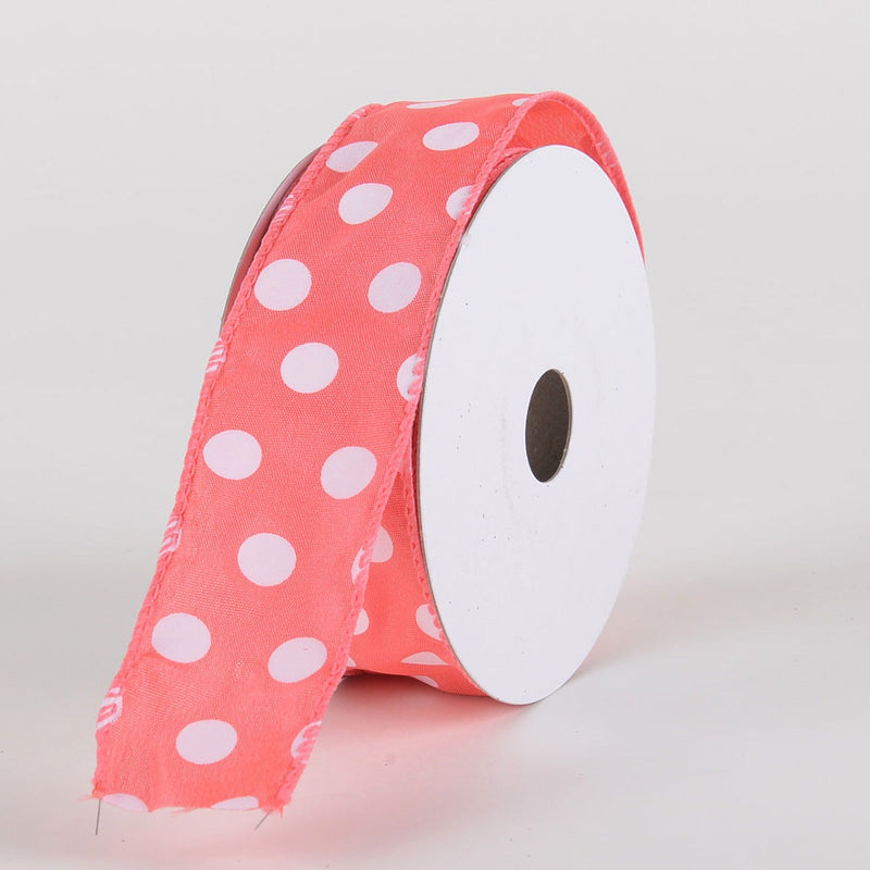 Satin Polka Dot Ribbon Wired Coral with White Dots ( W: 1 - 1/2 Inch | L: 10 Yards ) BBCrafts.com
