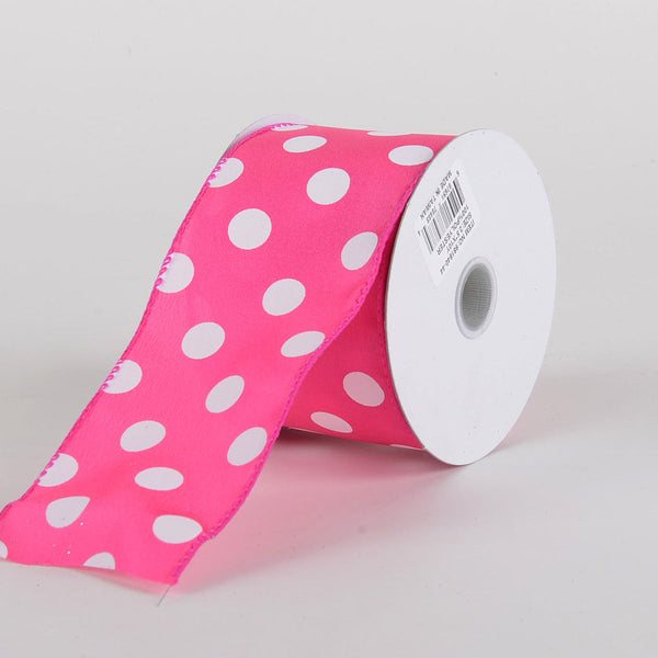 Satin Polka Dot Ribbon Wired Hot Pink with White Dots ( W: 2 - 1/2 Inch | L: 10 Yards ) BBCrafts.com