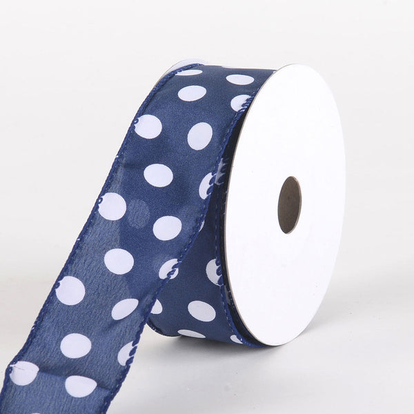 Satin Polka Dot Ribbon Wired Navy Blue with White Dots ( W: 1 - 1/2 Inch | L: 10 Yards ) BBCrafts.com