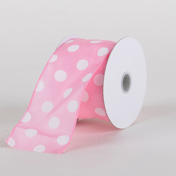 Satin Polka Dot Ribbon Wired Pink with White Dots ( W: 2 - 1/2 Inch | L: 10 Yards ) BBCrafts.com