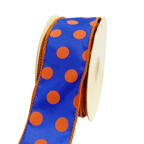 Satin Polka Dot Ribbon Wired Royal Blue with Orange Dots ( W: 1 - 1/2 Inch | L: 10 Yards ) BBCrafts.com